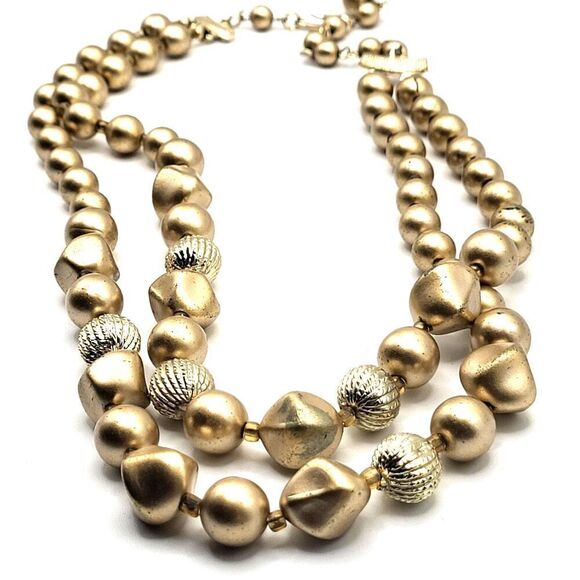 Vintage Double Strand Chunky Gold Acrylic Necklace Signed Japan 18in - Picture 1 of 5